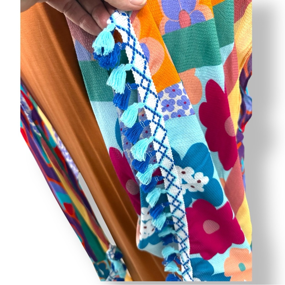 NWT kimono Ruana tassels exotic viscose soft flowy 60s psychedelic flower child - Picture 12 of 16